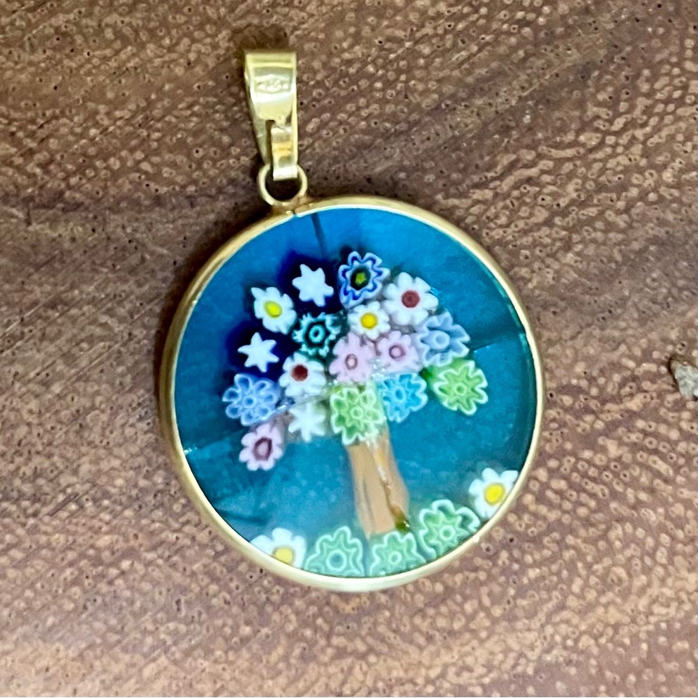Vintage Murano Glass Tree of Life Millefiori Pendant in 18K Solid Gold Frame - Picture 4 of 8